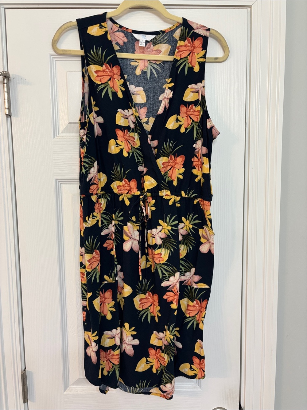 Sleeveless Dark Blue Floral Wrap Dress - Tropical Print